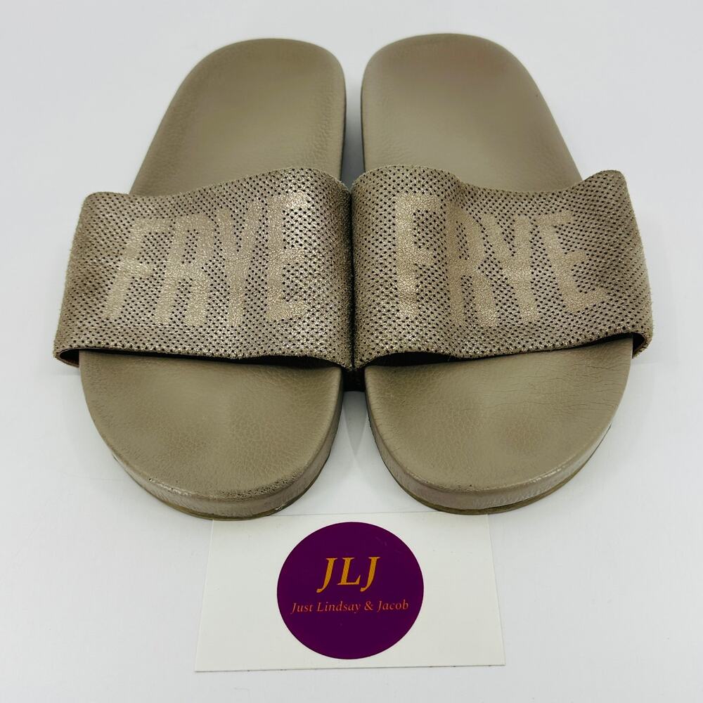 Frye Womens Lola Perf Slide Silver Leather Logo Slip On Sandals 3479188 Size 7.5